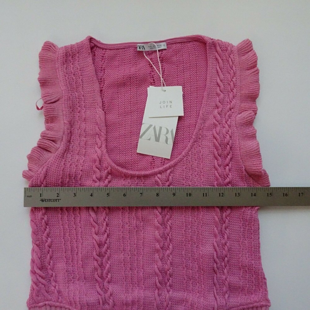 NWT Zara Sleeveless Ruffle Top Blouse Cable-Knit Pink Scoop Neck Stretch L - Picture 10 of 13